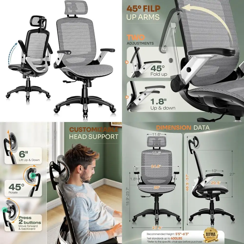 

Ergonomic High-Back Office Chair with Headrest, Adjustable Flip-Up Arms, Tilt Lock, and Wide Cushion for Home Desk Use