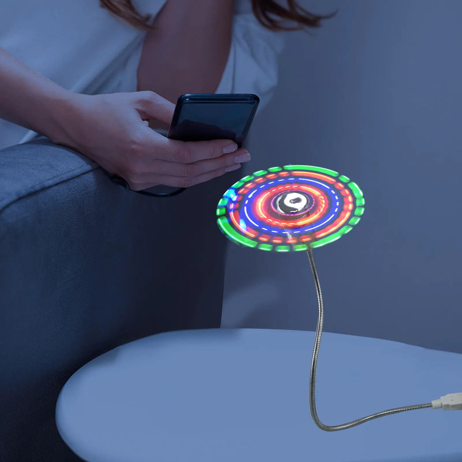 

2Pcs Mini USB Fan Colorful LED Circular Pattern Flexible Blades Power on Off No Driver Needed for Desktop Laptop