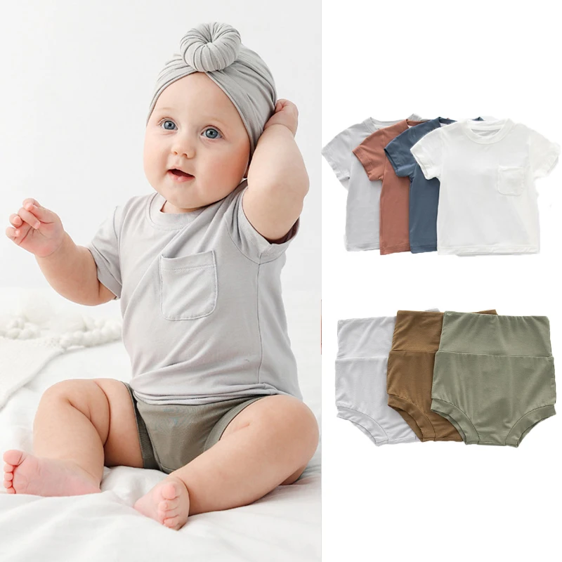 2023 Bamboo Fiber Baby Short Sleeve T-shirt Summer Baby Boy Girl Clothes High Waist baby Pants Newborn Baby Clothing Outerwear