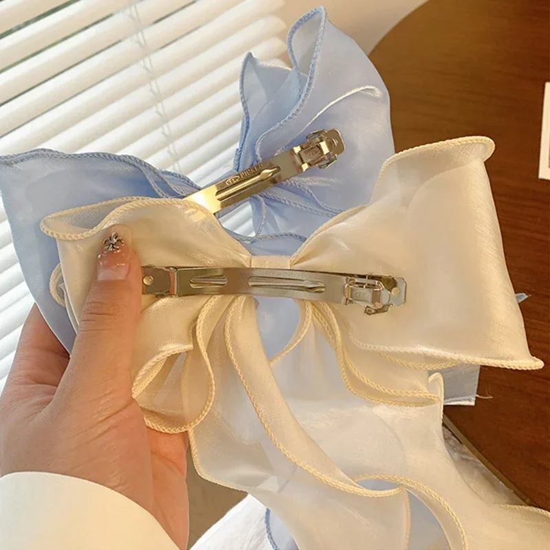 Fashion Chiffon Bow Hair Clips Blue Shining Satin Bowknot Hair Clips Ribbon Bow Barrette Hairpin Grip Ponytail Clip Headwear
