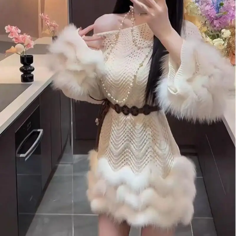 2025秋冬新作 韓国風 レディース 斜め肩スタイル ウェスタンニットセーター ファッション 優しいスタイル プラッシュカフス ドレスセーター