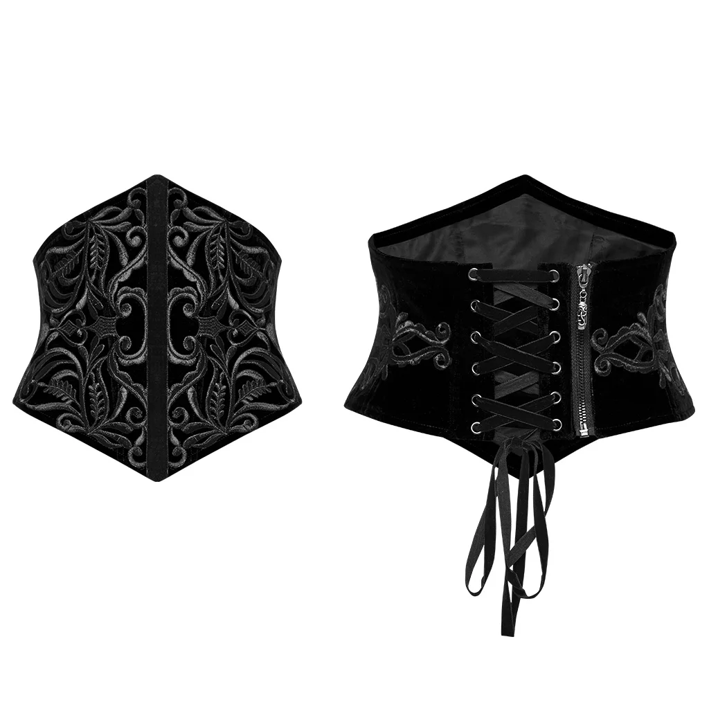 PUNK RAVE Women Goth Red Black Velvet Corset Belt Retro Totem Embroidered Waist Cincher with Lace-Up Back WS616