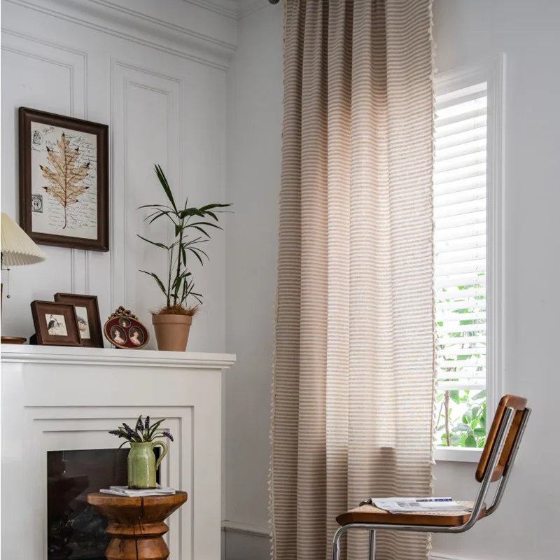 

Bohemia Coffee Stripe Cotton Linen Home Window Curtain Thick Blackout Drapes Bay Window Curtains for The Living Room