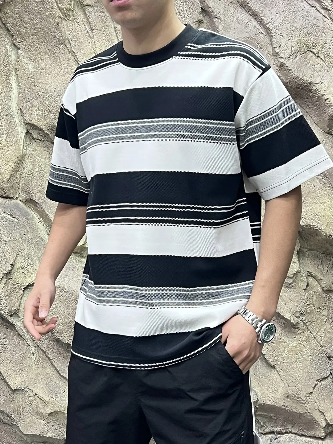 Double Thread American Retro Stripes Short Sleeve T-Shirt Men Loose Japanese Style Casual Cotton Polyester Blend round Neck