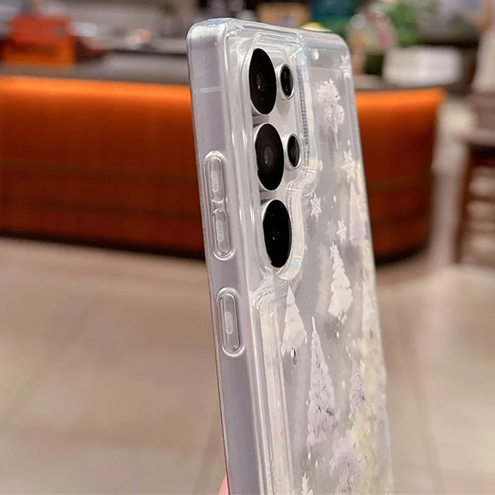 Phone Case For Samsung Galaxy S22 S23 S24 S25 Plus Ultra New INS Quicksand Glitter White Forest Tree Print Clear Potective Cover