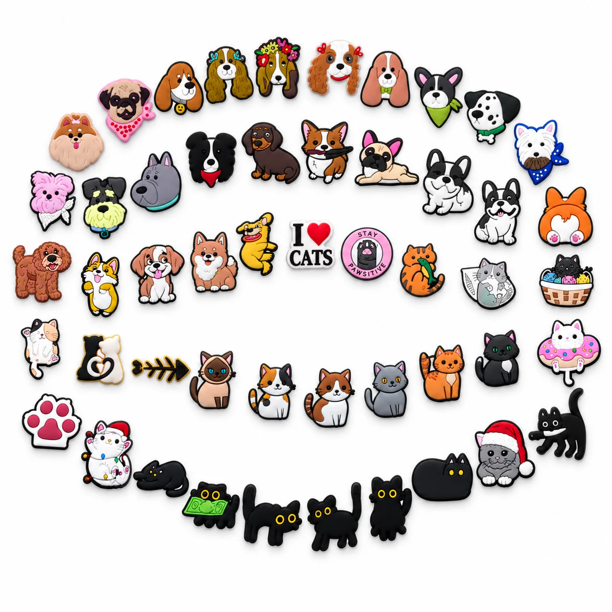 50pcs Cute Cat Dog Shoe Charms Set Puppy Kitten PVC Pins for Clogs Pet Lover Accessories Gift for Girls Women Teens Shoe Buckles