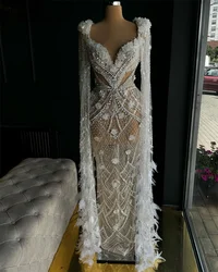 Vestidos de celebridades de manga larga con purpurina, vestido Formal de fiesta de boda con cuello en V de Dubái, vestido de noche de cóctel con cuentas de plumas personalizado