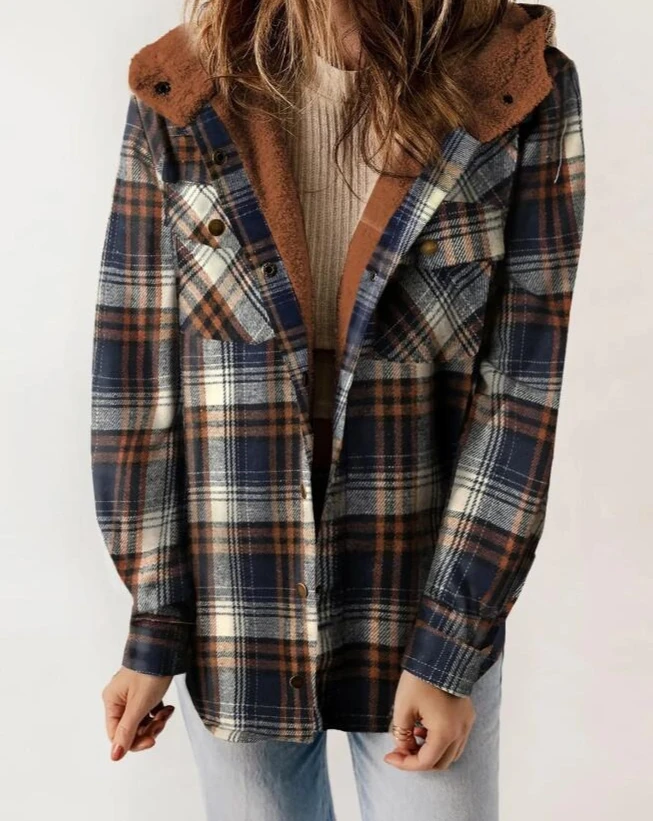 سترة نسائية لخريف وشتاء 2025 ذات مربعات وأكمام طويلة وغطاء للرأس مع جيوب #3