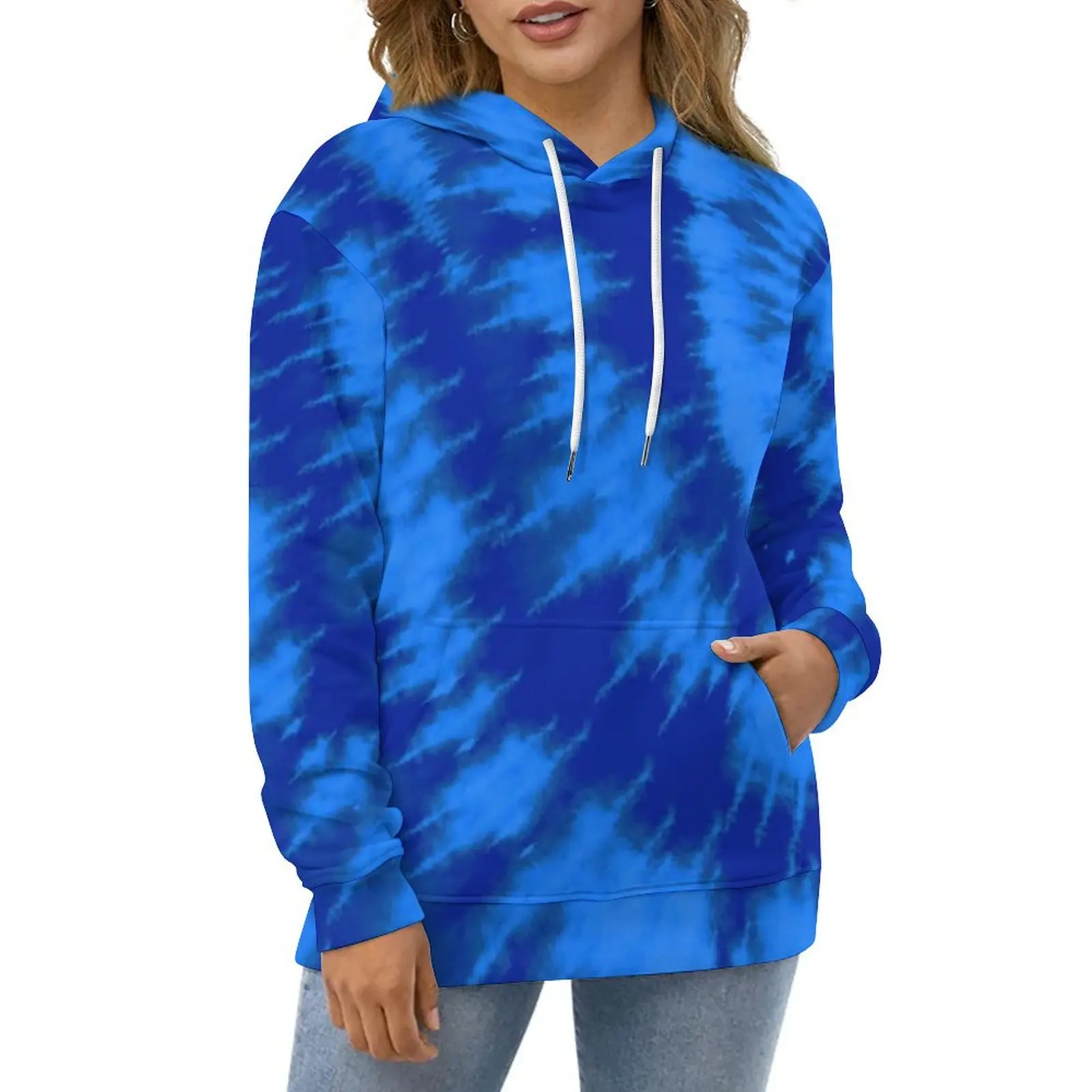 Blue Swirl Tie Dye Hoodies Long-Sleeve Midnight Blue Aqua Retro Casual Hoodie Spring Fashion Oversize Loose Hooded Sweatshirts