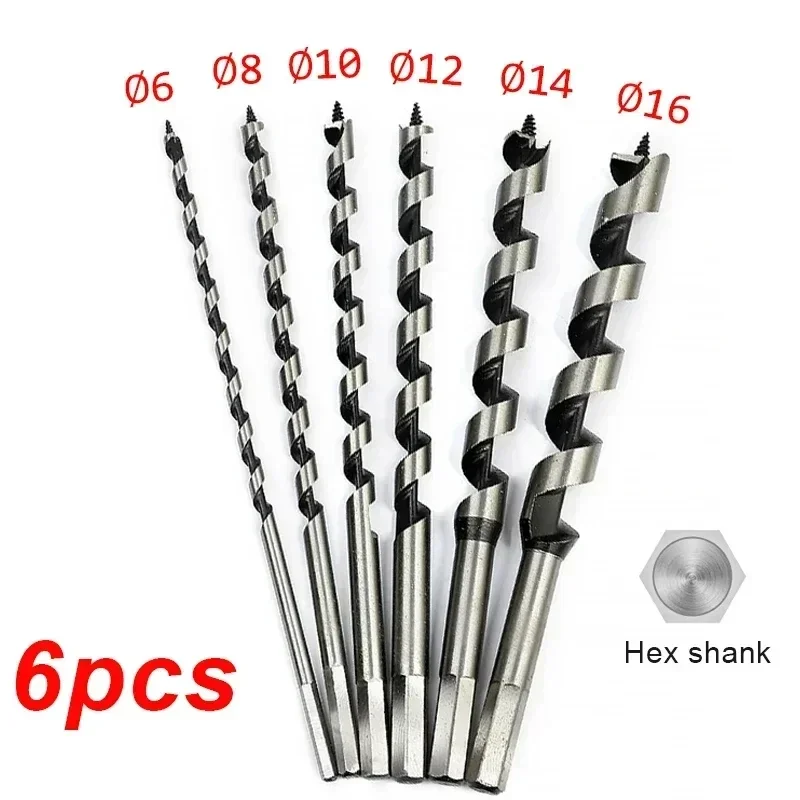 Medium Carbon Steel 6 Piece Set 6/8/10/12/14/16mm Auger Drill Bits Wood Carpenter Masonry Wood Drills Set for Woodworking