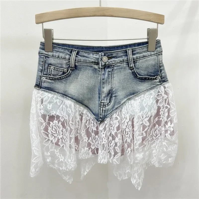 Sexy Lace Spliced Skirt Women Denim Skirts Patchwork Zipper Fly High Waist Skirt Washed Loose Fit Distressed Summer Pockets