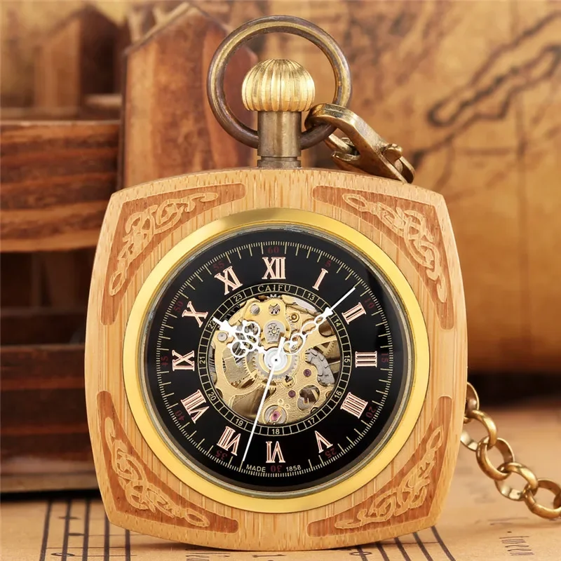 Antique Wooden Pocket Watch Bamboo Skeleton Auto Mechanical Watches Men Women Skeleton Clock Pendant Chain Collectable