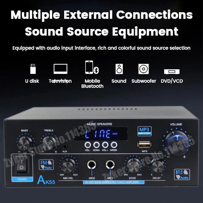 AK55 HiFi Audio Amplifier Max 900W Digital Bluetooth Sound Amplifiers Channel 2.0 Support Dual MIC Fiber Coaxial Inputs FM Radio