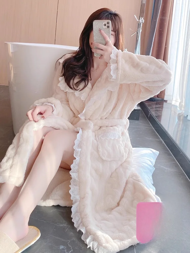 

2024 New Women's Long Thi Coral Fce Robe Sweet Sexy Home Clothes Winter Collection Mid-Calf Pure Color Youth Spwear