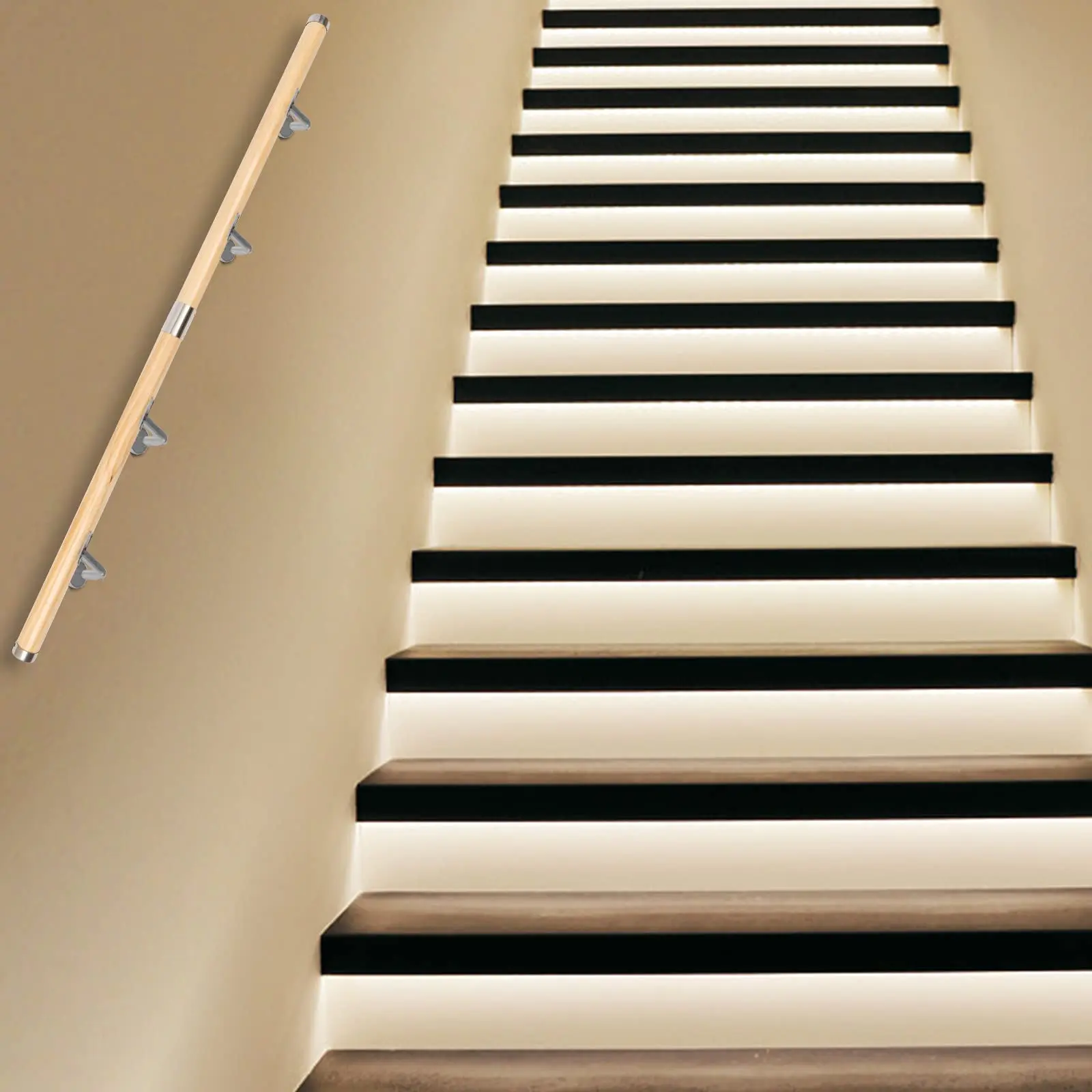 Dynami 2ft Wood Handrails for Indoor Stairs, Wall Mount Stair Handrails, Safety Non-Slip Stair Railing, Professional Pine Handrails