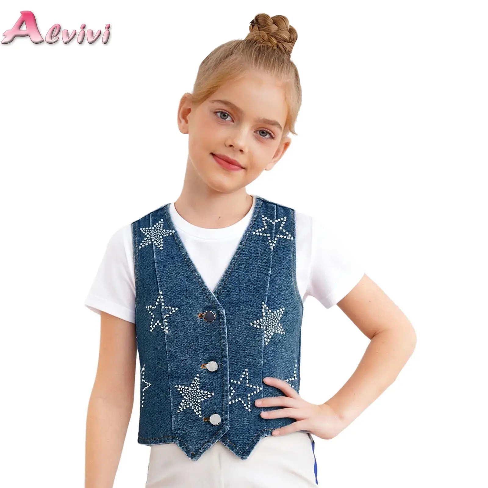 

New Design Kids Denim Vest Waistcoat Shiny Rhinestone Stars Girls Boys Causal Streetwear Outfit Teens Child Sleeveless Jacket