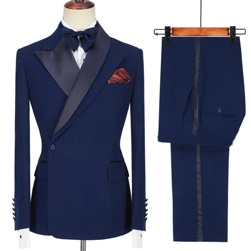 

Navy Blue Men Suits Slim Fit With Double Breasted Shawl Peaked Lapel Wedding Groom Tuxedo 2 Piece Male Fashion Jacket Pants