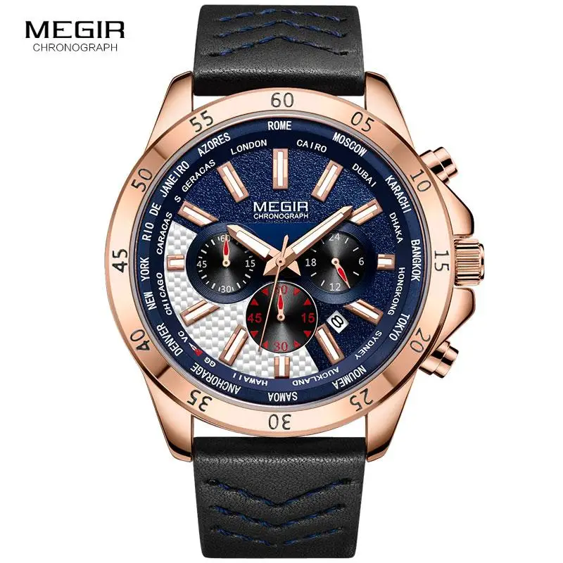 

MEGIR Top Brand Men's Chronograph Quartz Sports Watches Leather Band Army Waterproof Luminous Wristwatch Man Relogios Masculino