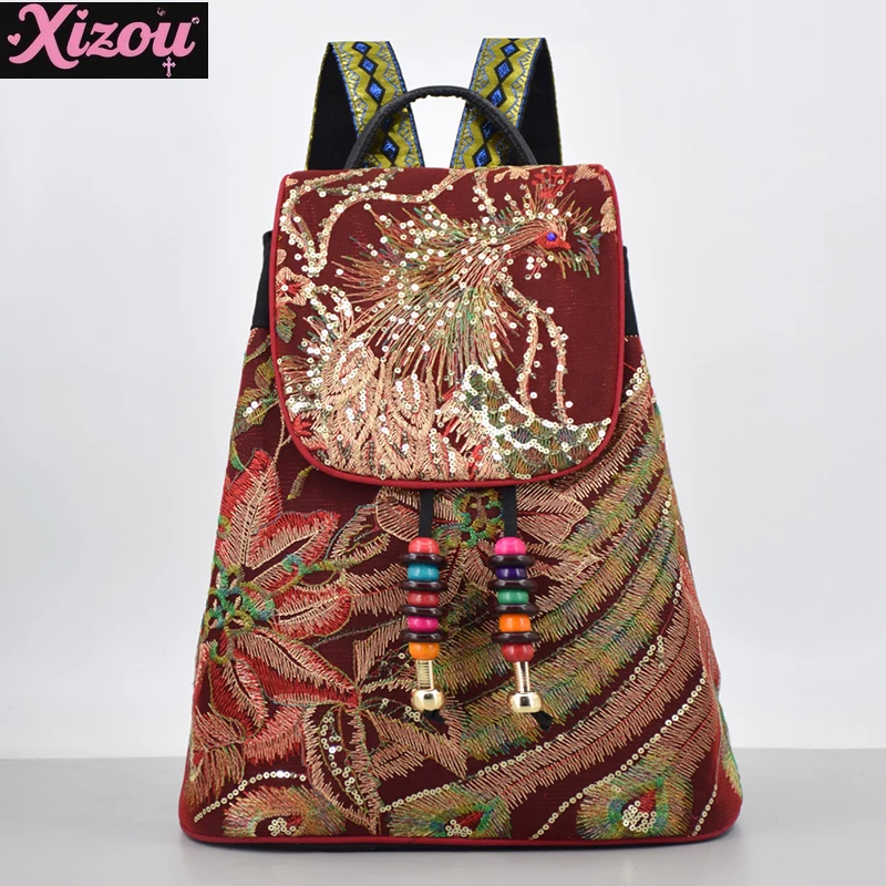Women's Backpack Ethnic Embroidery Peacock Embroidered Canvas Bag Street Fashion Backpacks Travel Student Vacation Lightweight