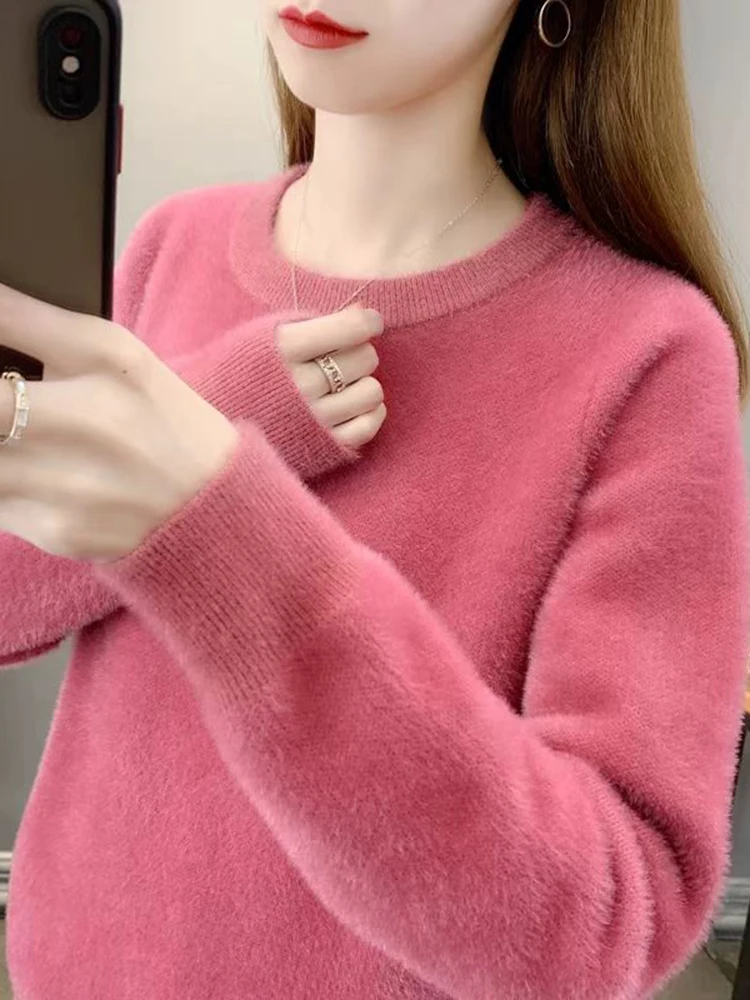 Thiened 라운드 네 민크 스웨터 여성용 오버헤드 니트 이너웨어 가을 겨울 신상 슬레 출퇴근용 루즈핏 롱 스웨터