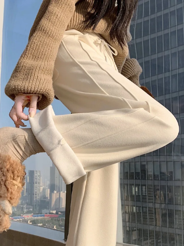 Pantaloni invernali Thiened Fce Camere Banana a vita alta dimagranti divisi gamba dritta versione stretta pantaloni casual in lana