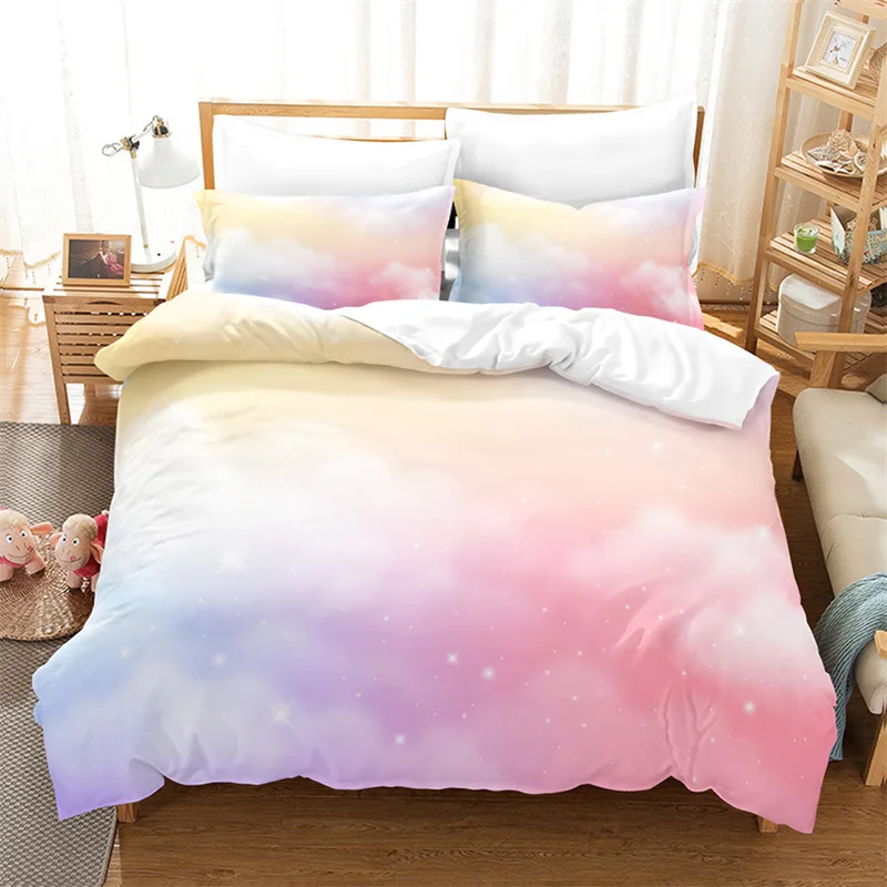 

Dream Cloud Bedding Set Rainbow Sky Pink Blue Duvet Cover Queen Microfiber Comforter Cover For Kids Teens Adults Bedroom Decor