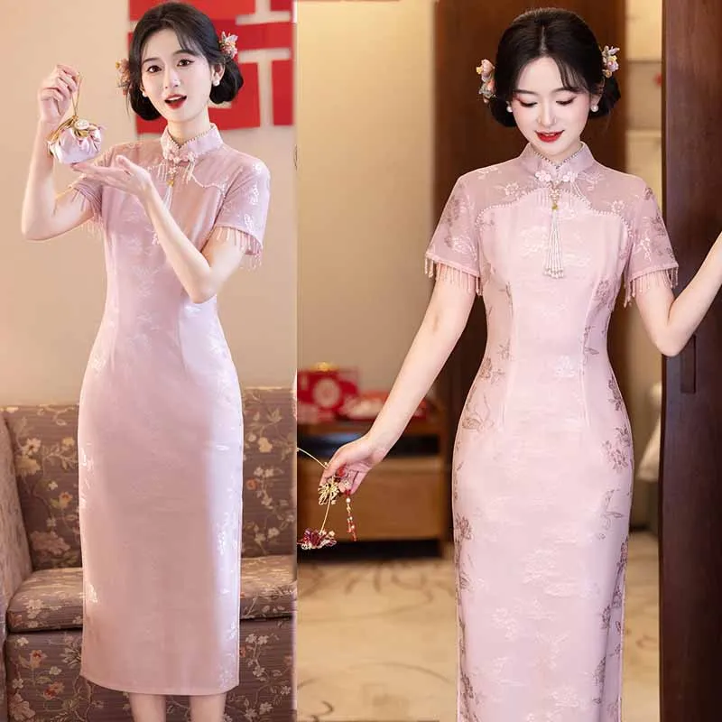 elegant-print-flower-slim-vestidos-bride-wedding-qipao-pink-new-chinese-style-vintage-short-sleeve-mandarin-collar-cheongsam