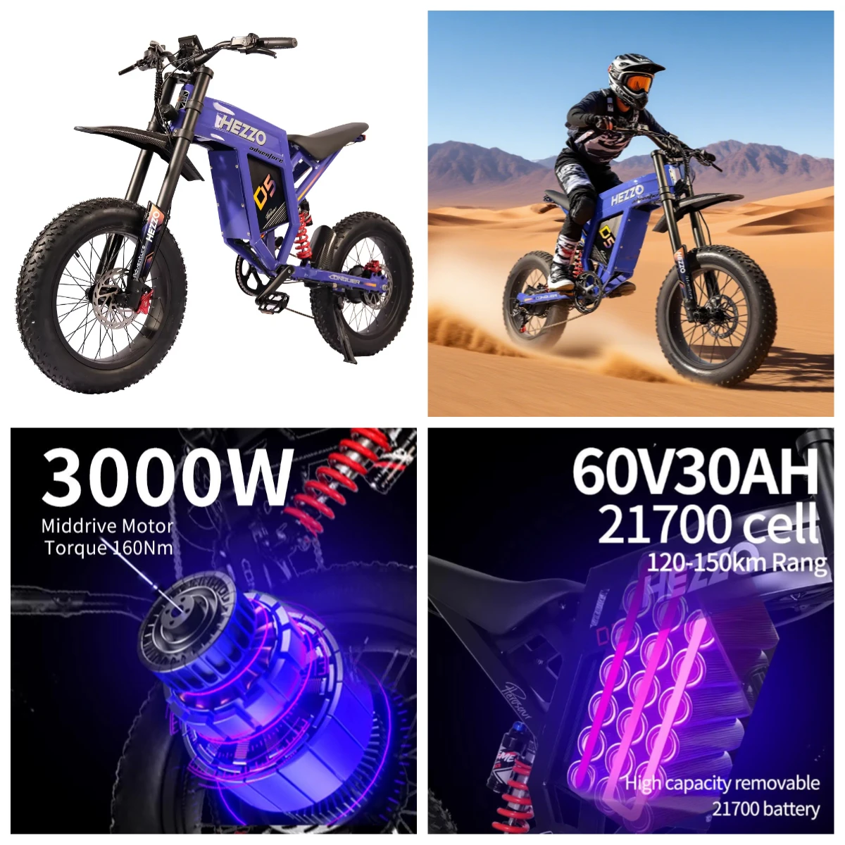 

HEZZO D5 3000W Electric Motorbike 60V 30Ah 60Nm 20 Inch 40km/h Sport Mountain Bike
