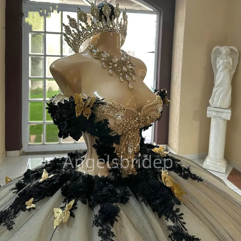 Angelsbridep-Vestido De baile negro De lujo para Quinceañera, traje De fiesta con cuentas De cristal y lentejuelas, 2025