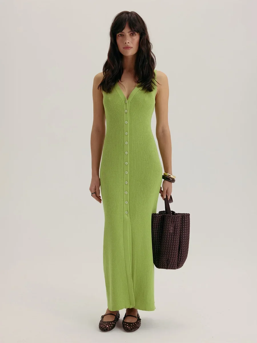 Wolfeel 2026 Summer V-neck Elegant Sleeveless Knitted Skirt With Pit Strip Slimming Tank Top Knitted Dress