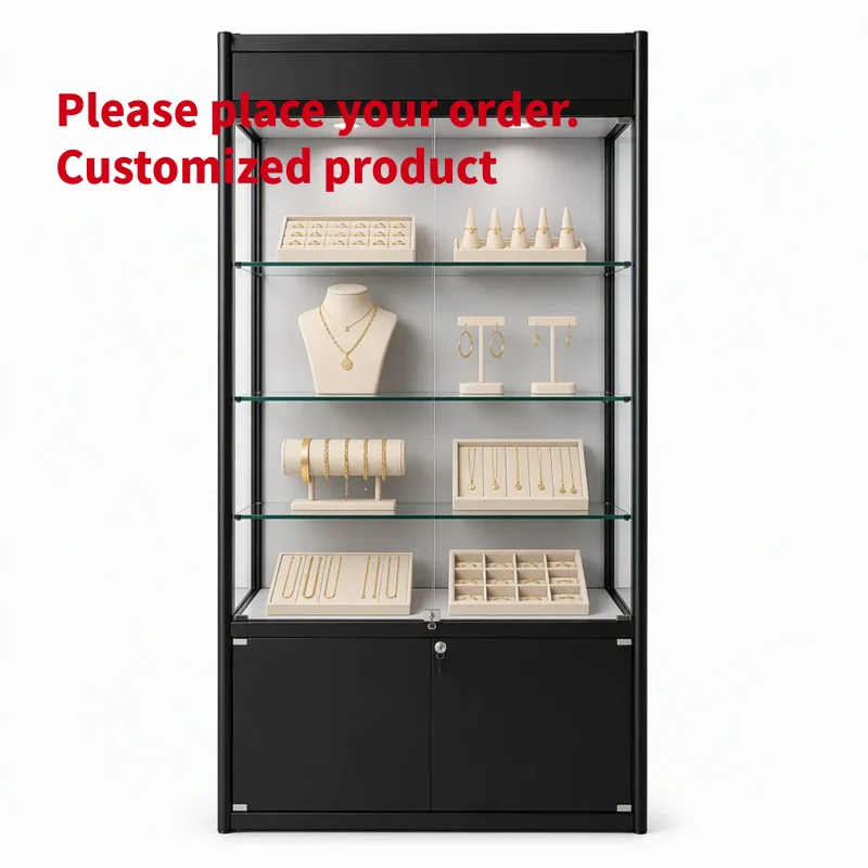 custom.Retail Jewelry Display Wall Flagship Store Department Store, Custom Metal Frame Wooden Back Panel Glass LED Fixture