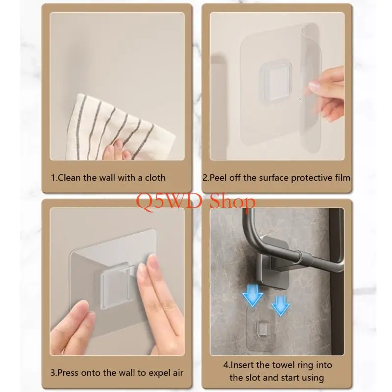 Q5WD Space Aluminum Rust Proof Towel Holder Round Adhesive Mounting No Hole Required High Durability 5 Lbs Capacity For Wet