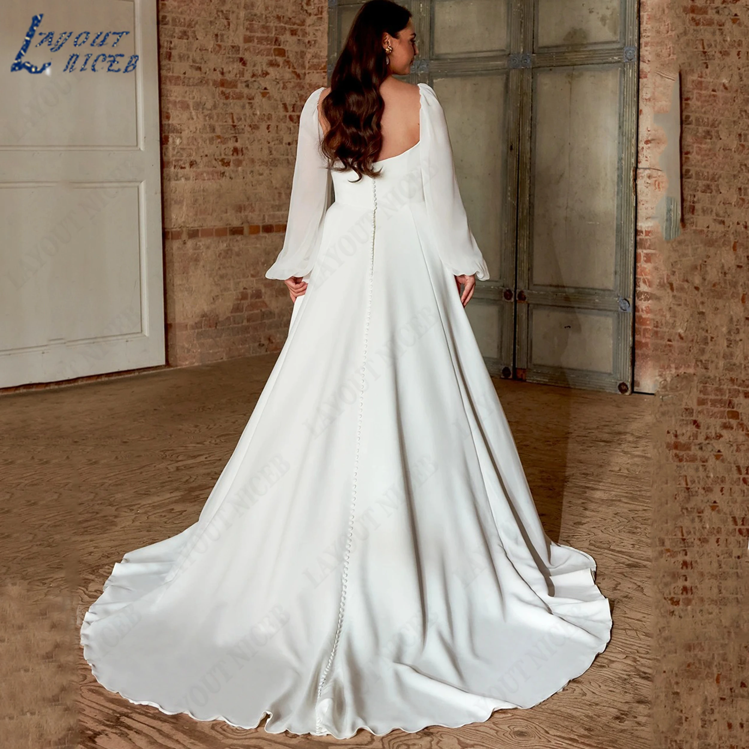 LAYOUT NICEB Long Puff Sleeve Bridal Gowns A Line Chiffon Wedding Dress Square Neck Church Bride Dresses For Weddings Customized