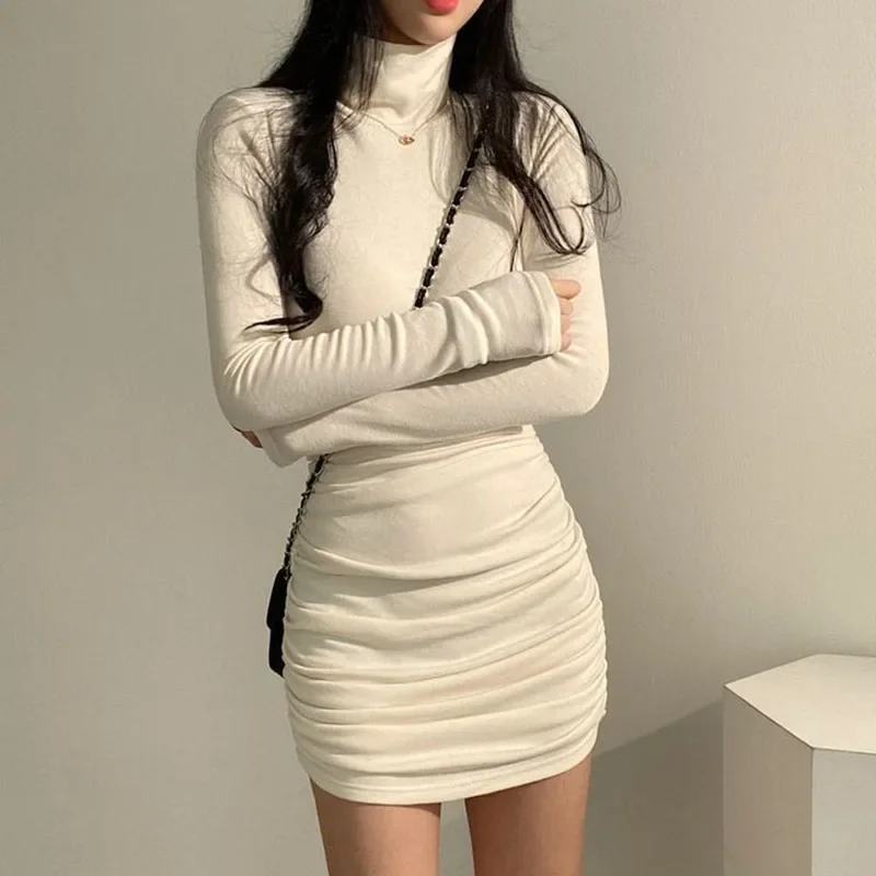 Sexy High Waist Bandage Dresses for Women Thicken Slim Elastic Turtleneck Dress Woman Solid Color Long Sleeve Inner Wear Dresses