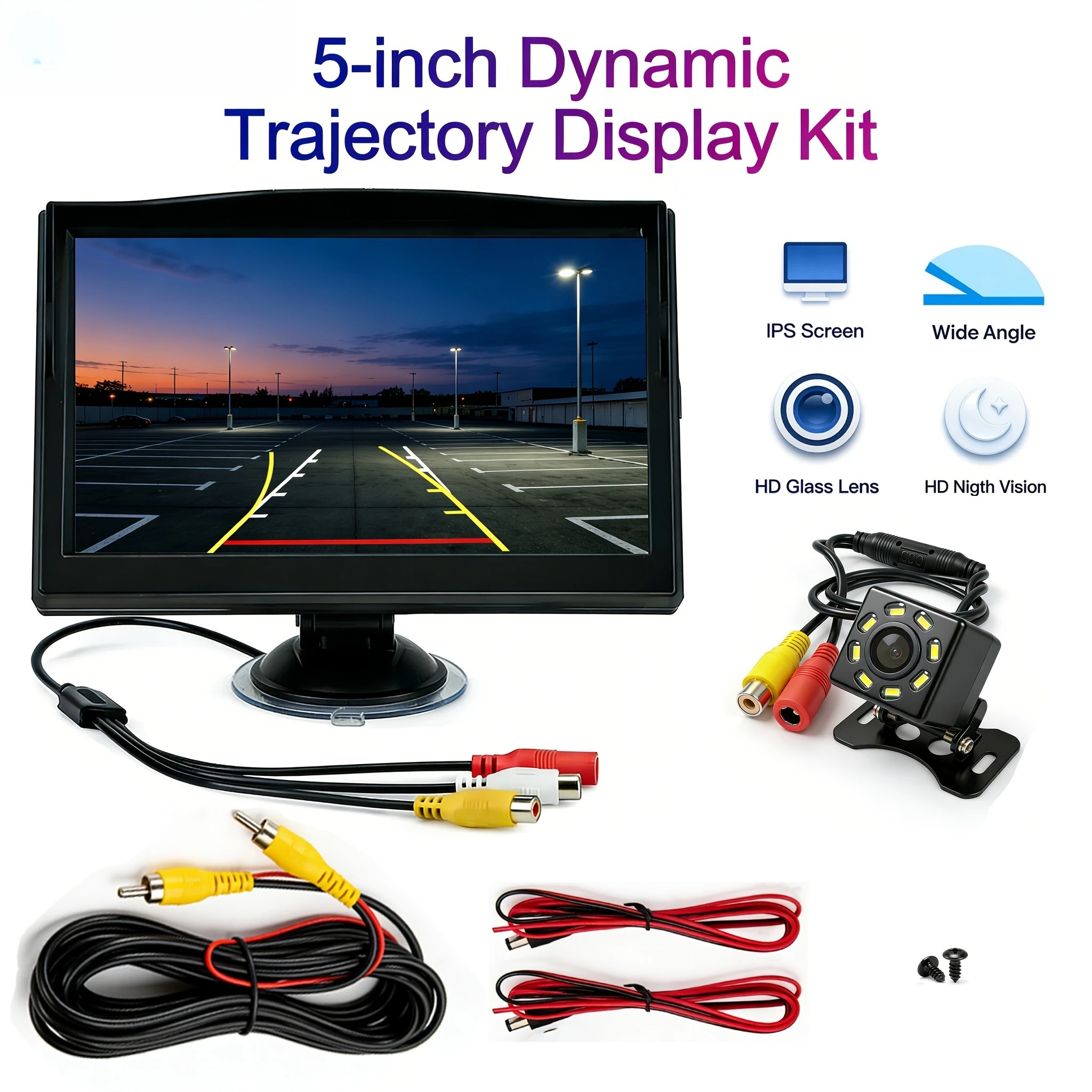High-Definition Night Vision Trajectory Reversing Camera + 5-Inch Car Display Monitor Set, Universal Fit for Cars/Sedans/SUVs