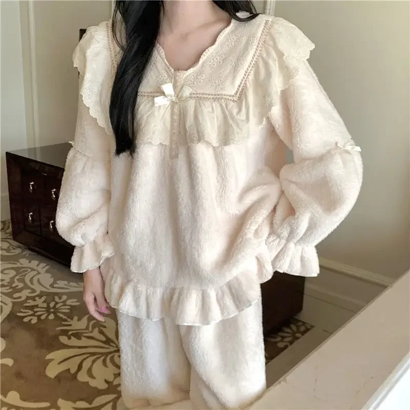 Women Pajamas Winter Thickened Warm Two-Piece Suit Casual Ventilate Coral Fleece Nightclothes Sets Loose Solid Color Homewear