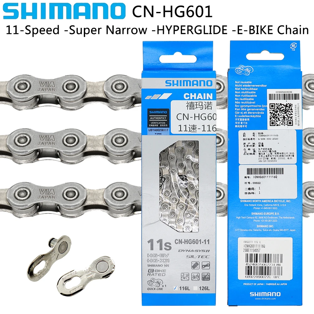 

Цепь велосипедная SHIMANO DEORE CN HG601, 11 скоростей, 116L, суперузкая цепь для электровелосипеда HYPERGLIDE, запчасти для горного и дорожного велосипеда