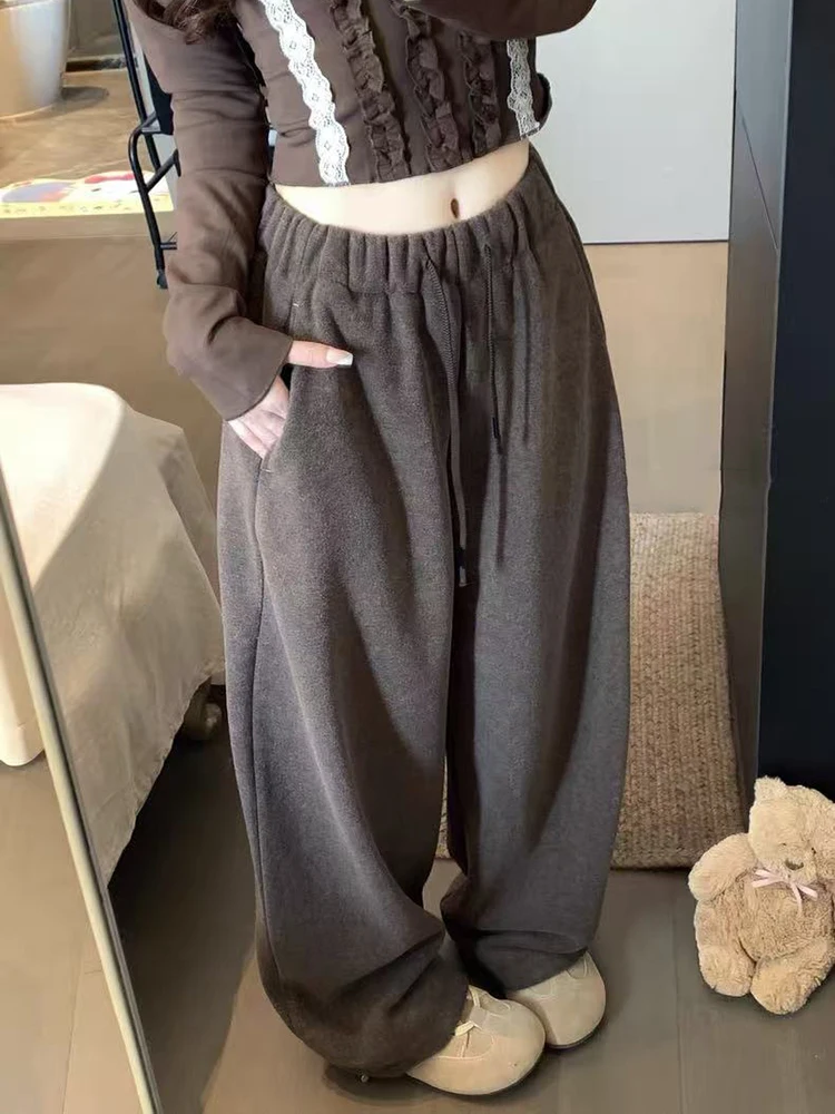 Winter Fleece Wijde Pijpen Broek Vrouwen Y2K Hoge Taille Trekkoord Alle Match Joggingbroek Vrouwelijke Losse Streetwear Rechte Broek