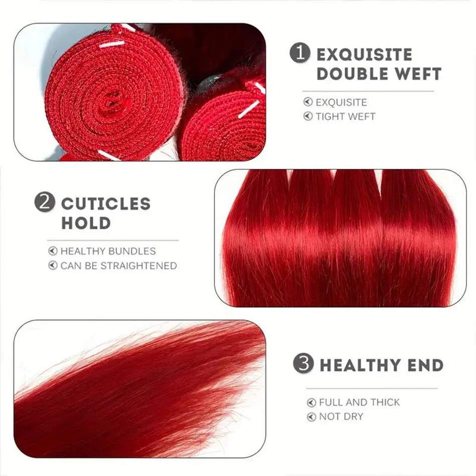 Mechones rectos rojos con cierre 4*4 con pelo de bebé tejido de cabello humano brasileño de encaje transparente 4 mechones con cierre de encaje
