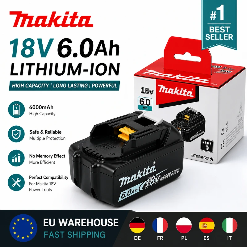 Image of Original Makita 18V 6,0Ah Akku BL1860B Li-Ion Akku Original LXT Akku Kompatibel mit BL1850B BL1840 BL1830 Elektrowerkzeugen, Hochleistungs-Akku mit langer Laufzeit, Professioneller Werkzeugakku EU