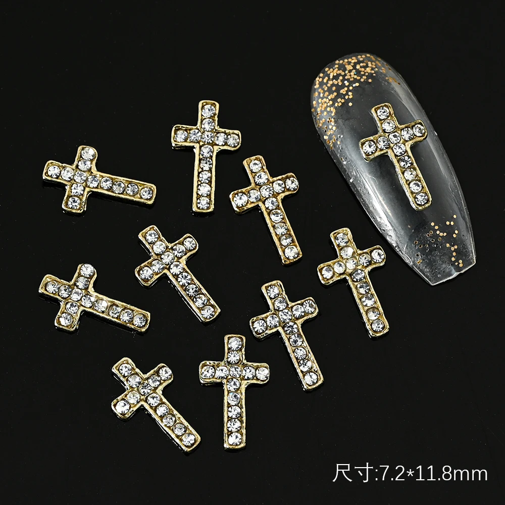 10 Stück Halloween 3D Metalllegierung Silber Kreuz Nagel Charms Glitzer Diamant Kreuz Nail Art Silber Klassisches Kreuz Maniküre Zubehör
