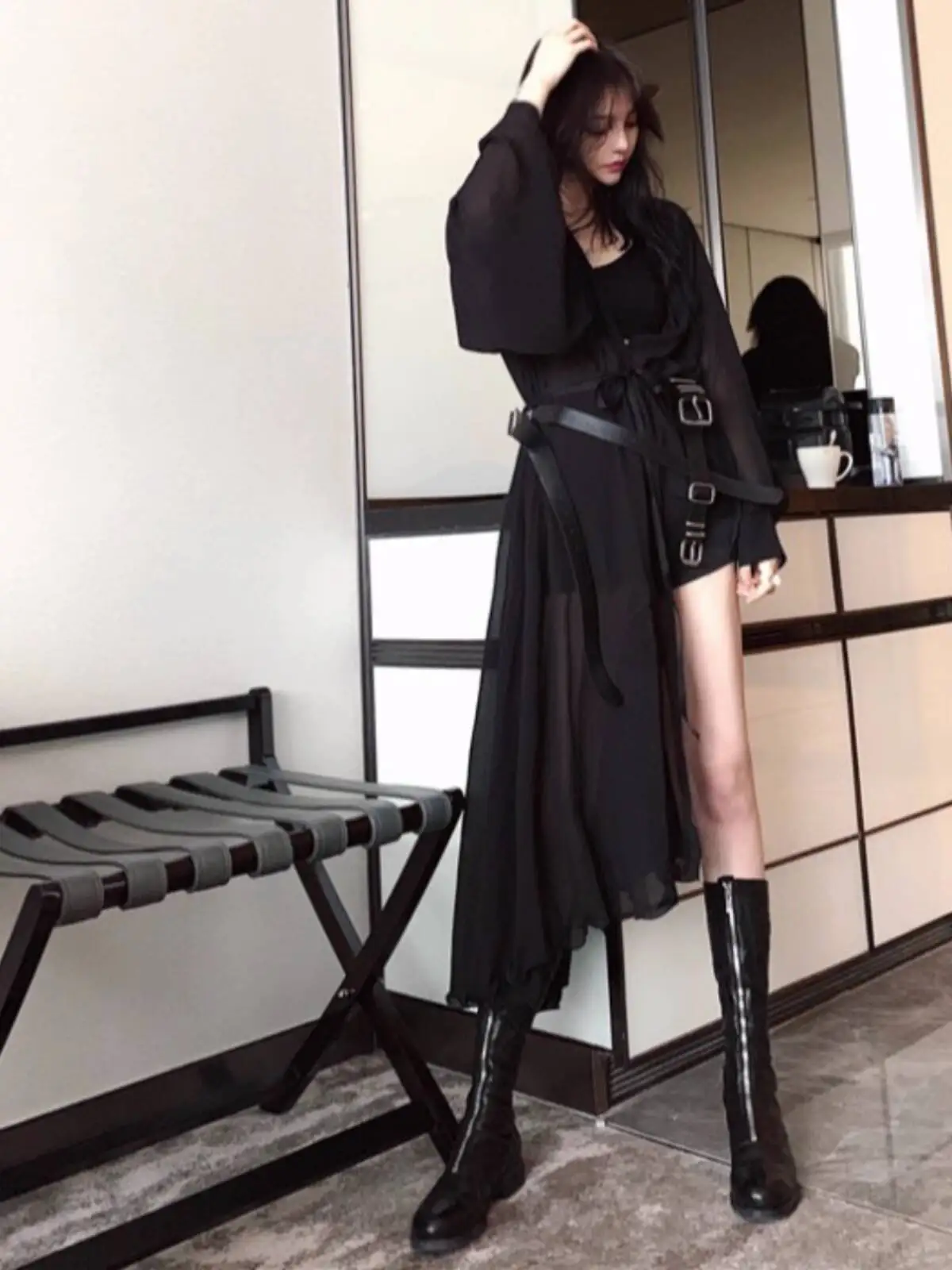 Verão sexy fada como camisa vestido feminino escuro irregular decote em v designer chiffon blusa magro encaixe comprimento médio