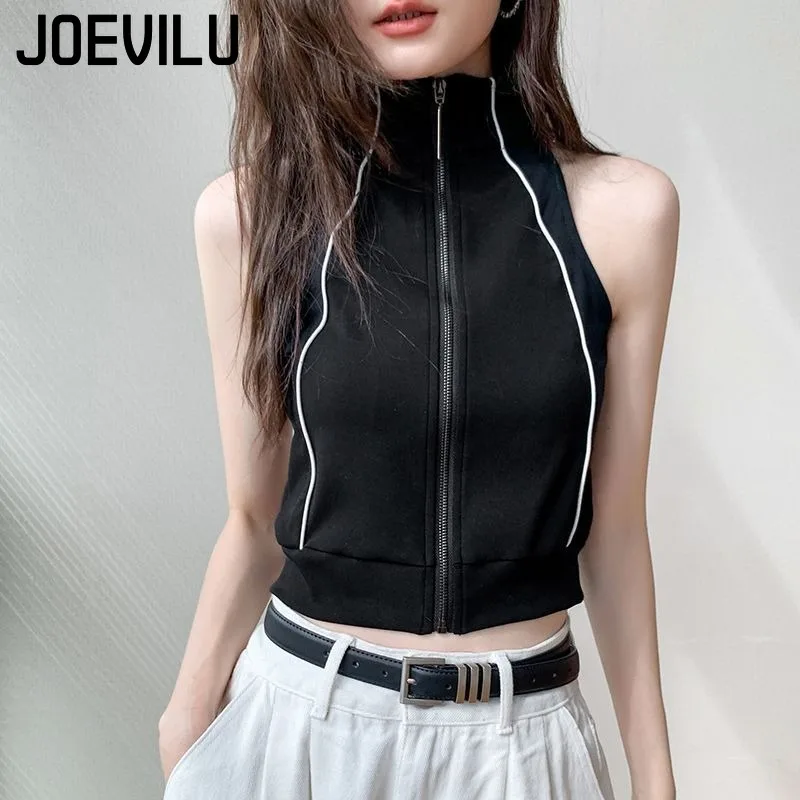 

JOEVILU Zipper Stripe Tank Top Sexy Knitted Crop Tops Summer Sports Casual Fitness Vest Y2k Tees Korean Fashion Clothing