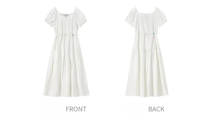 SENTUBILA Damen A-Linien-Kleid, weiß, V-Ausschnitt, asymmetrischer Schnitt, farblich abgesetzte Details, mit Perlen verziert, mit Bändern, kurze Puffärmel, Kleid 162LO5948 – Detail 30