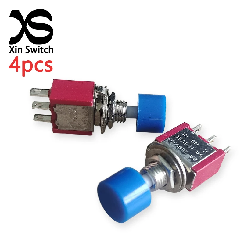4PCS Blue PS-102 Cap Covered Circular Self Resetting Toggle Switch 2A 250VAC/5A 120VAC 3-Pin Nut Fixation Type Button Switch