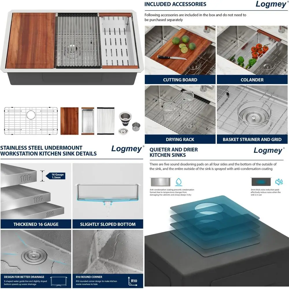 

Stainless Steel 33 x 19 Single Bowl Undermount Kitchen Sink, 16 Gauge SUS304 Material