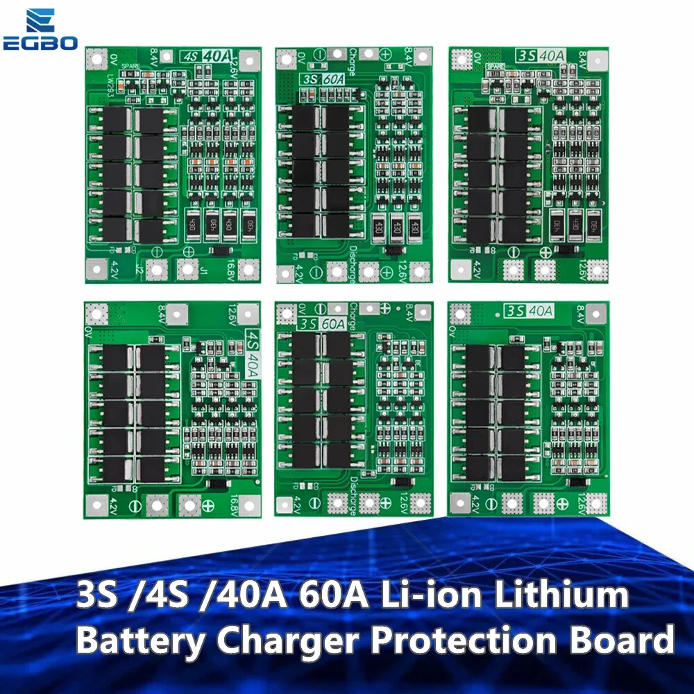 EGBO 3S 4S 40A 60A Li-ion Lithium Battery Charging Protection Board 18650 BMS For Drill Motor 12.6/16.8V Enhance/balanced