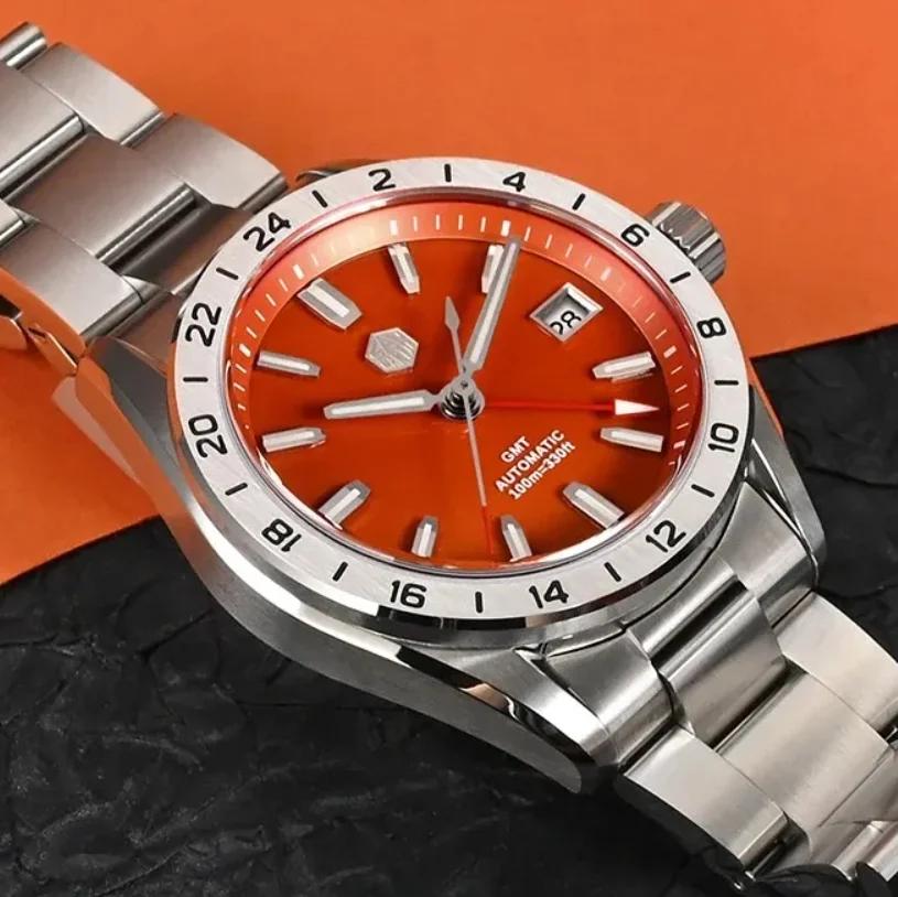 San Martin Men Automatic Watch GMT Mechanical Wristwatch 10Bar Waterproof Luminous Sapphire NH34 Red Agate Green Jade Stone Dial