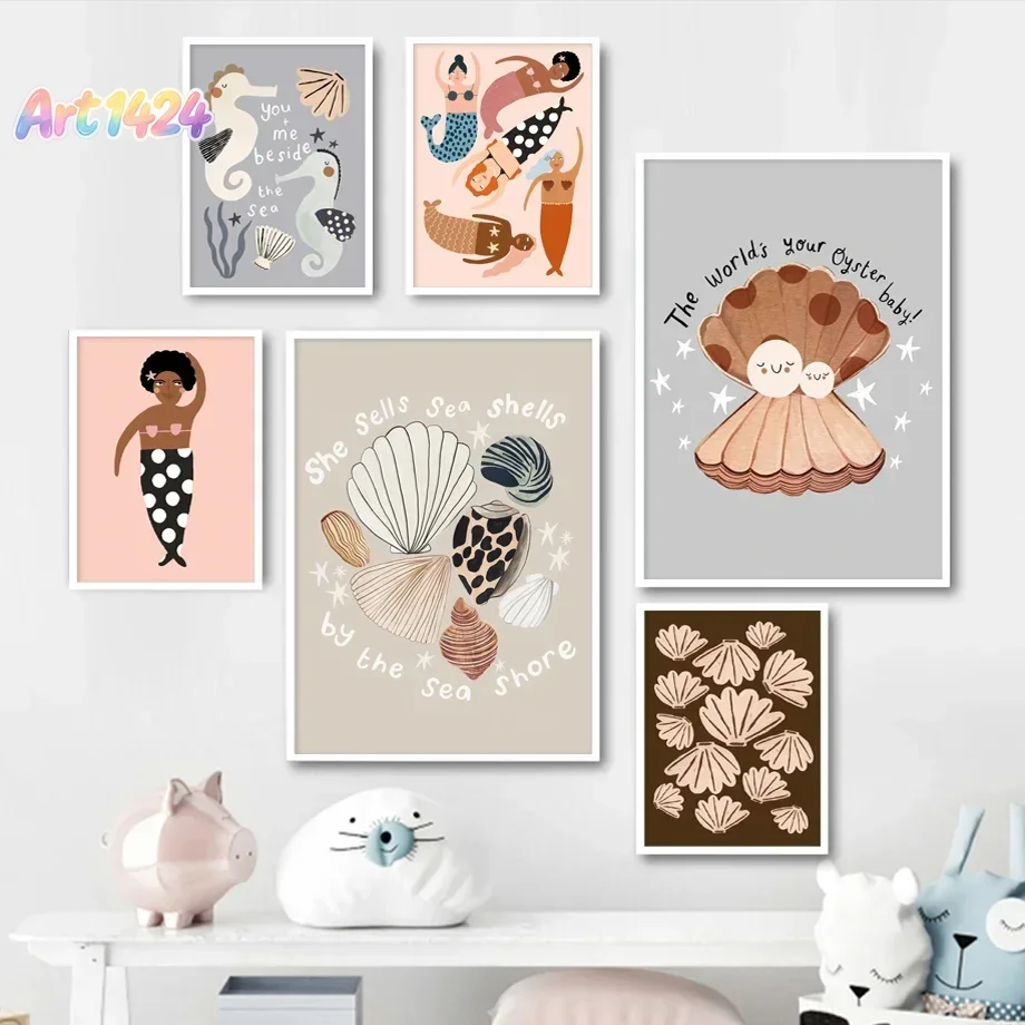 Wall Art Canvas Painting Nordic Sea Life Seashell Mermaid Whale Octopus Posters And Prints Wall Pictures Baby Kids Room Decor