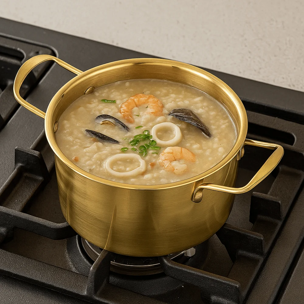 Kitchen Cookware Stainless Steel Korean Ramen Pot Double Handle with Lid Stew Pot Rust Resistant Gold Soup Cooking Pot Porridge